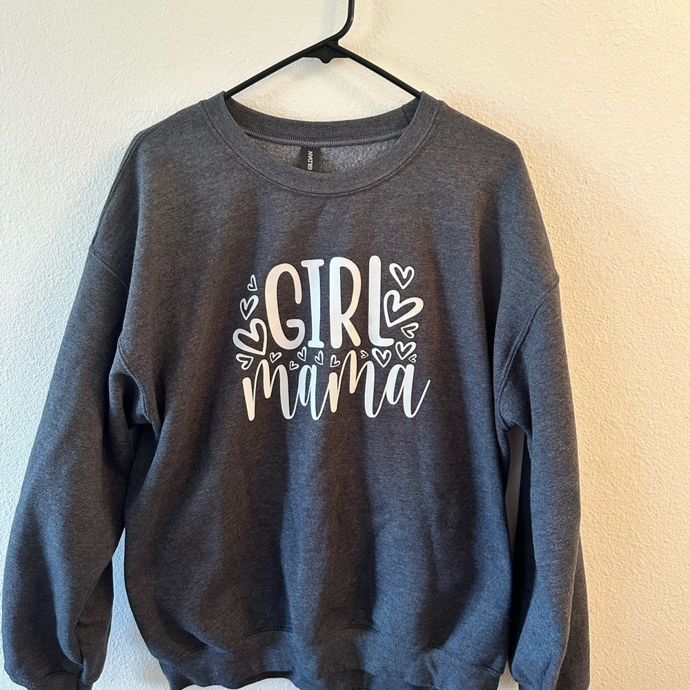 Gildan Dark Gray Crewneck Sweatshirt with White "Girl Mama" Graphic